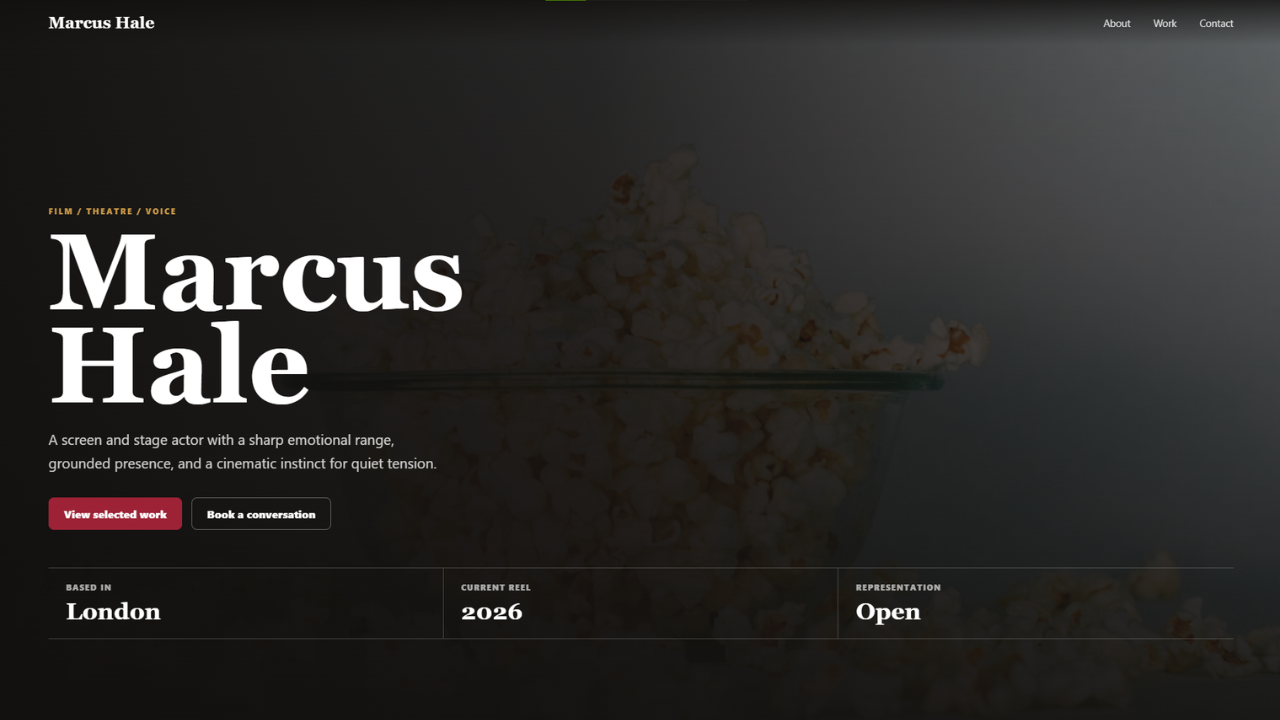 Marcus Hale actor portfolio landing page preview